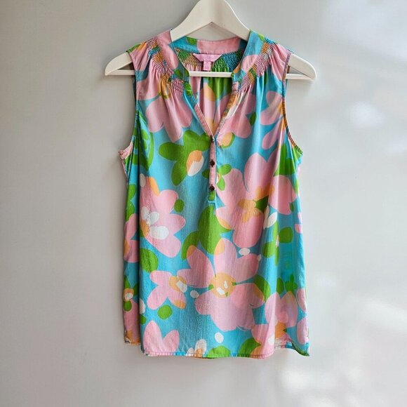 100% Silk Lilly Pulitzer Houston Top, Sorely Blue Mojo, Size Medium, Flaw - Picture 1 of 12
